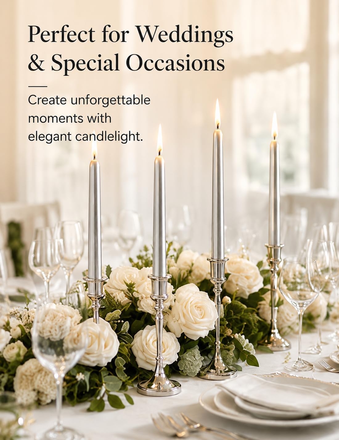 12 Pack Unscented Metallic Silver Taper Candles, Dripless Smokeless