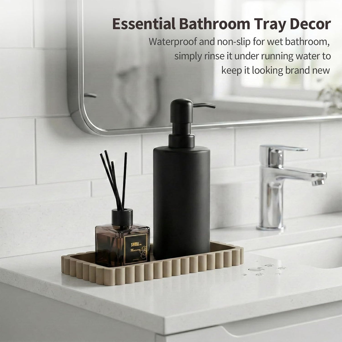 Small Silicone Bathroom Vanity Tray, Sink Caddy for Dish Soap Dispenser, Sponge Holder for Kitchen Sink, Rectangle Bathroom Countertop Organizer for Perfume, Jewelry, Candle (7.9” * 4”, Khaki)