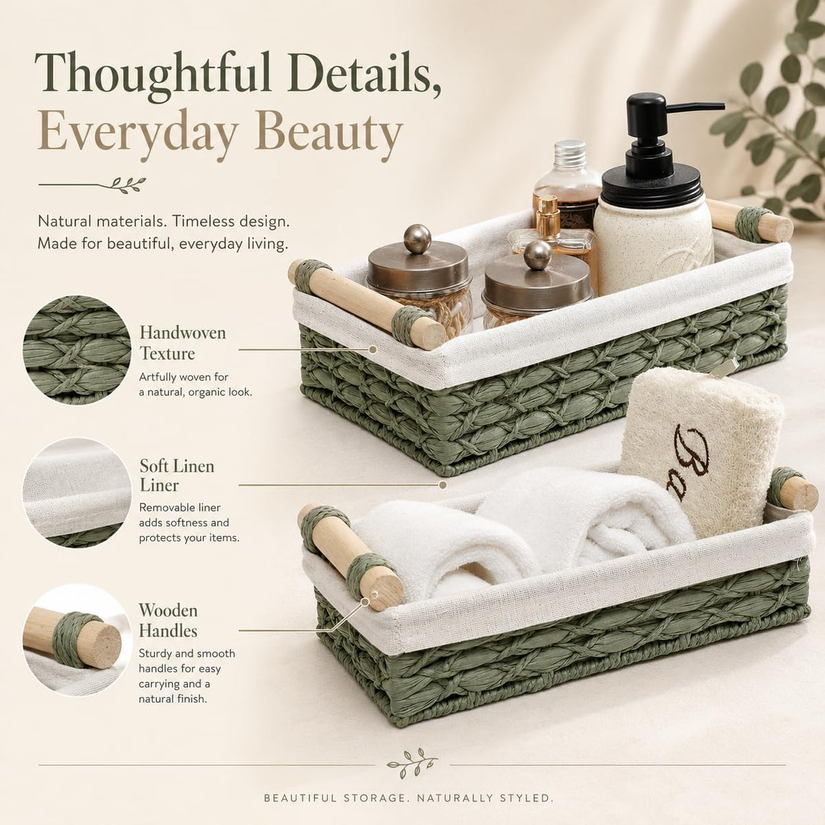 Sage Green Bathroom Baskets Set of 2, Paper Rope, Wood Handles