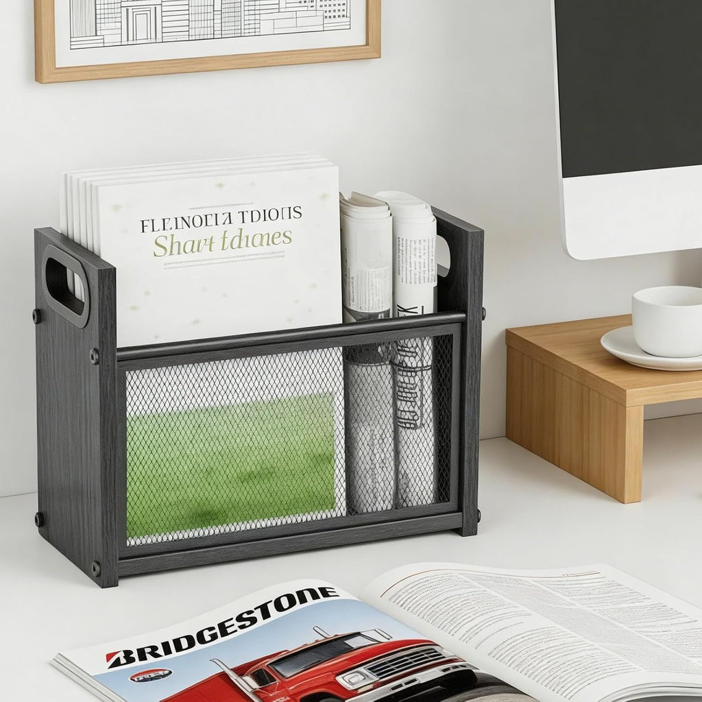 Magazine Rack & Holder, Mesh Magazine Rack Floor, Multi-Purpose Storage Organizer for Magazines, Books, Newspapers, Mail, Tablets | Magazines Storage Basket for Home, Office, Bathroom, Black Walnut
