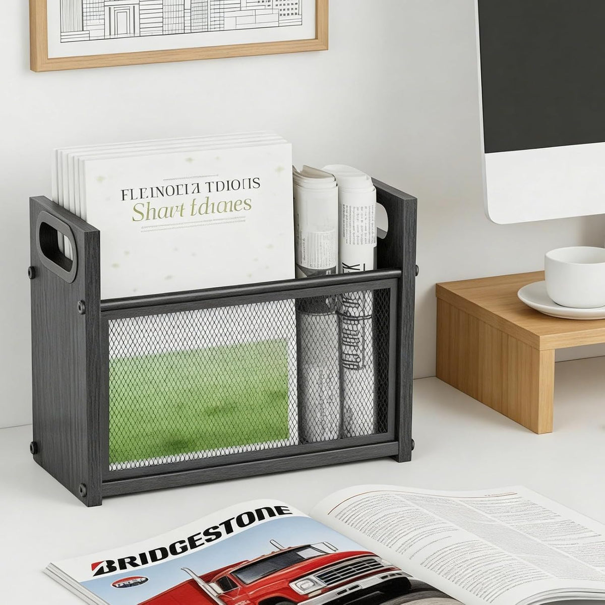 Magazine Rack & Holder, Mesh Magazine Rack Floor, Multi-Purpose Storage Organizer for Magazines, Books, Newspapers, Mail, Tablets | Magazines Storage Basket for Home, Office, Bathroom, Black Walnut