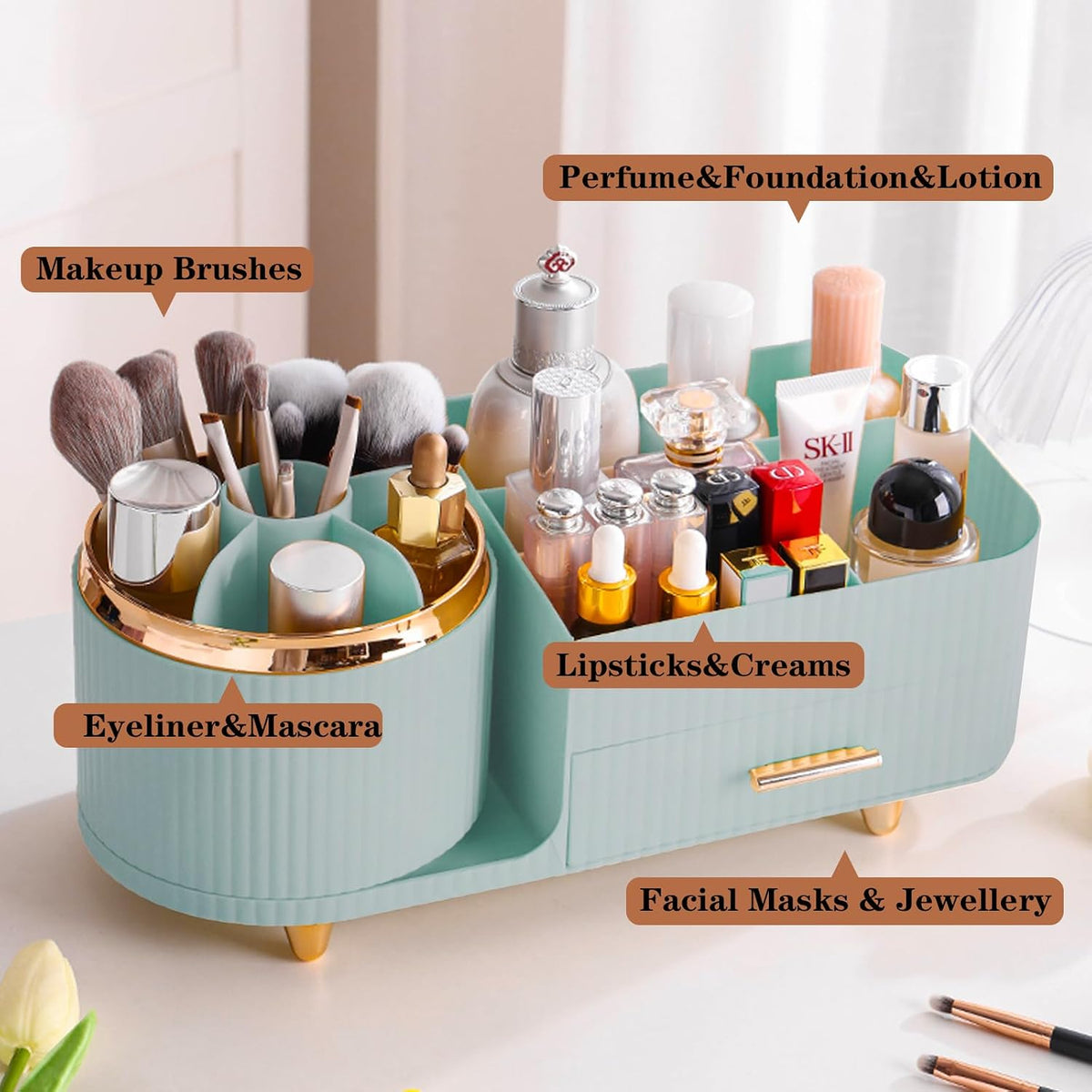 Rotating Makeup Organizer for Vanity with Brush Holder and Drawer, Cosmetic Makeup Storage, Large Spinning Makeup Skincare Organizer, Countertop Makeup Perfume Organizer, Lotions Display Case (Green)