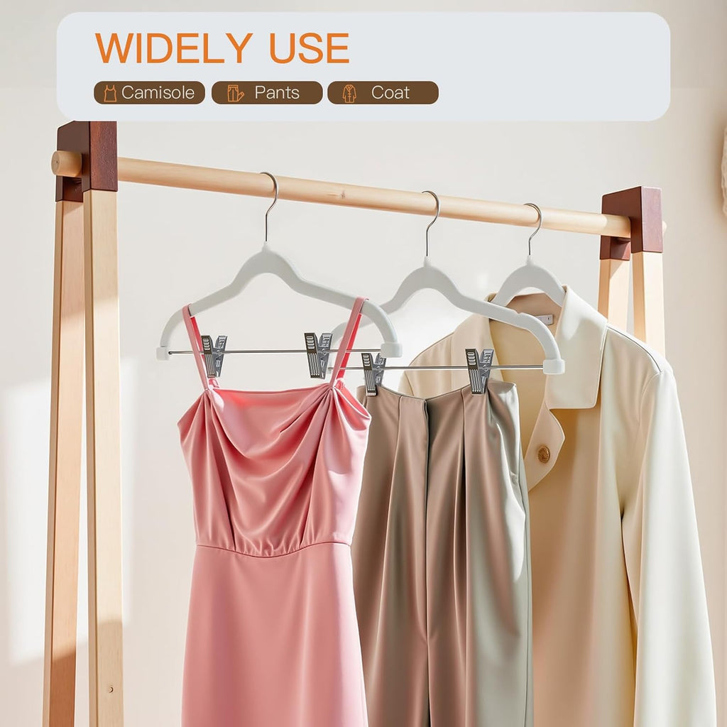 Flottian 24 Pack White Velvet Pants Hangers,Velvet Hangers with Clips Adjustable,Space-Saving Slim Flocked Hanger,Heavy Duty Non Slip Hanger for Skirts,Coats,Pants,Dress