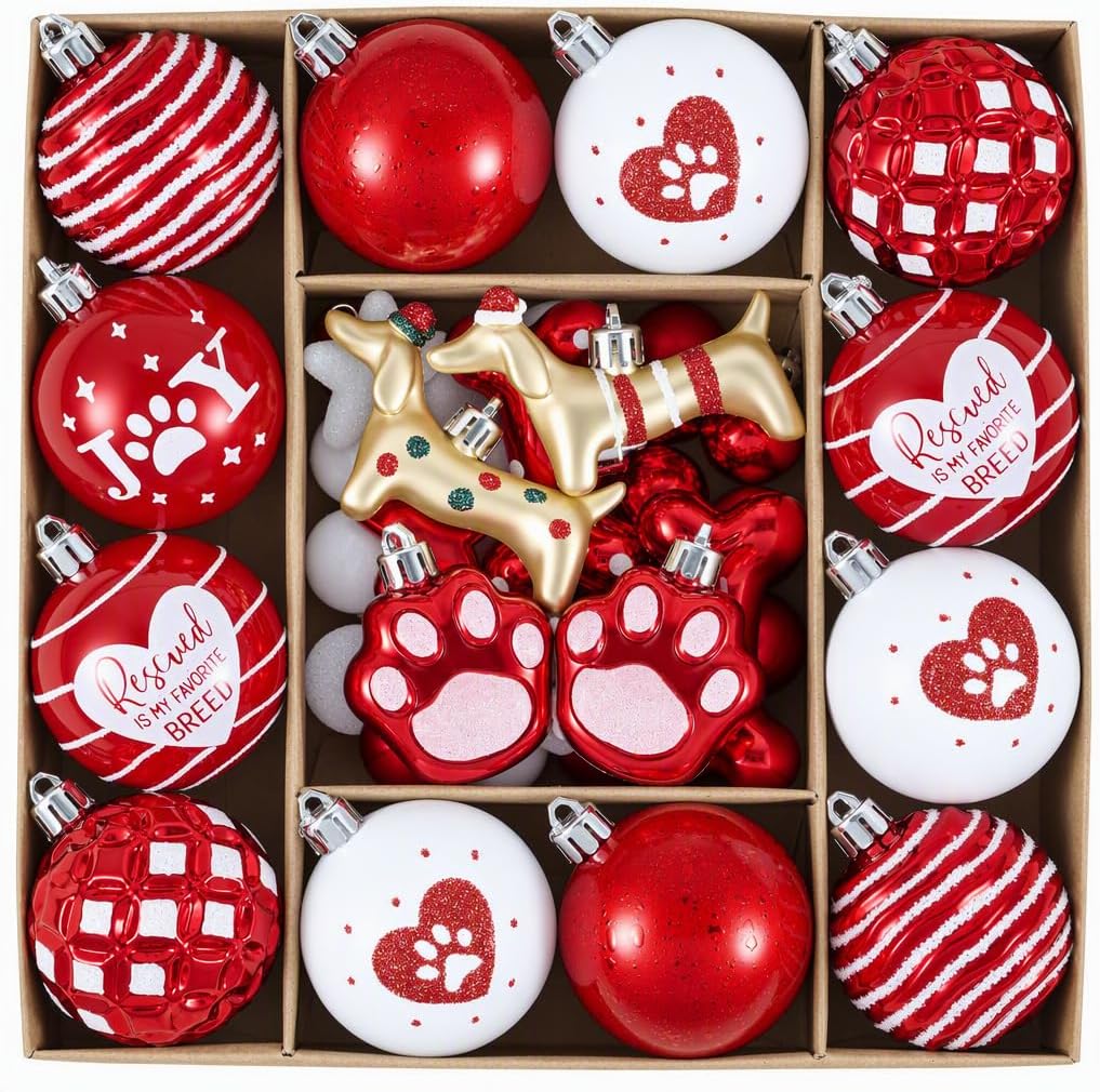 DecobyHannah 42ct Red White Christmas Ornaments Set Tree Dog Decorations