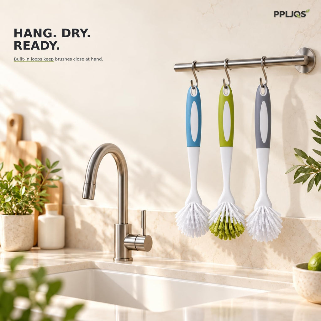 Dish Brush Scrub Brush with Handle - 3 Pack Stiff Bristles Dish Scrubber for Cleaning Dishes, Pots, Pans, Sink, Cast Iron - Hard Bristles,No Residue (Yellow-Green, Gray, Light Blue)
