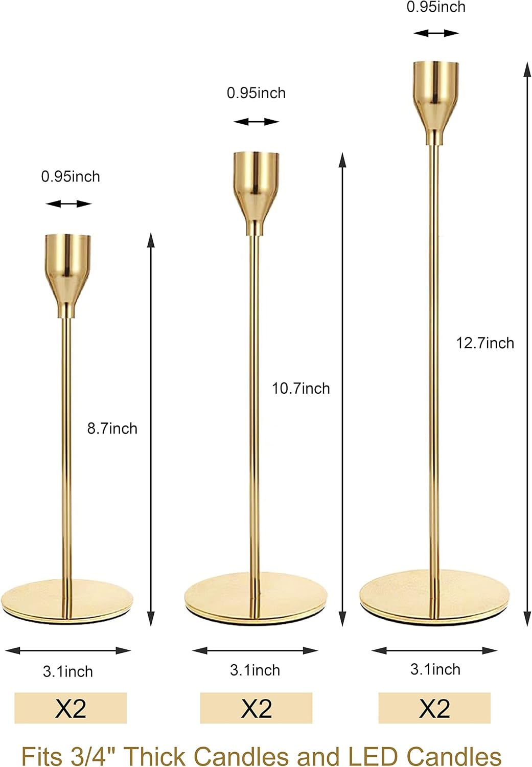NLBTW Set of 6 Gold Taper Candle Holders, Tall Candlesticks Holder for Dining Table Centerpiece, Fall Decor, Fireplace Mantel & Wedding Gift (Fits 3/4" Thick Candles)