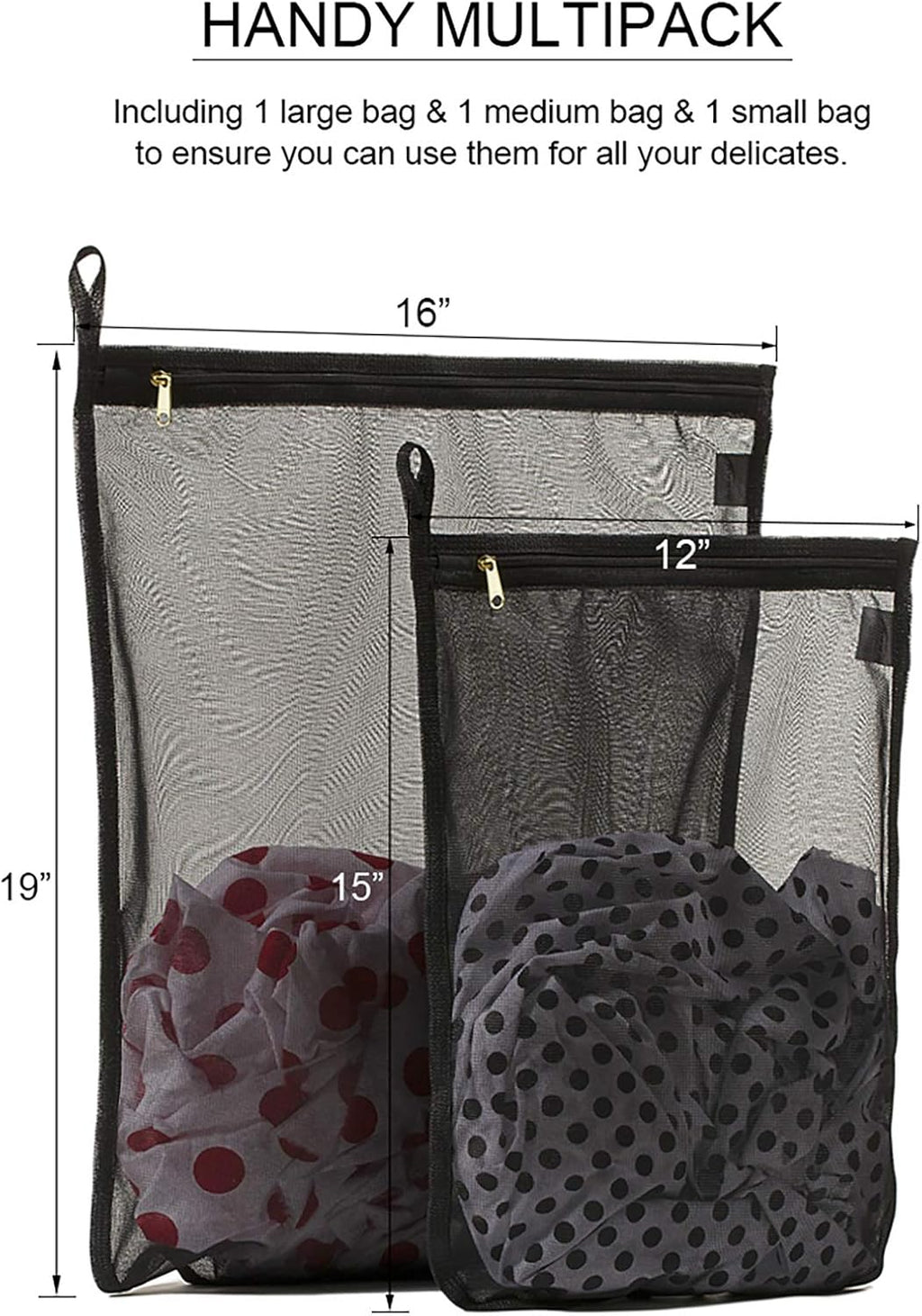 TENRAI Delicates Laundry Bags, Bra Fine Mesh Wash Bag for Underwear, Lingerie, Bra, Pantyhose, Socks, Use YKK Zipper, Have Hanger Loops (Black, 1 Large & 1 Medium)