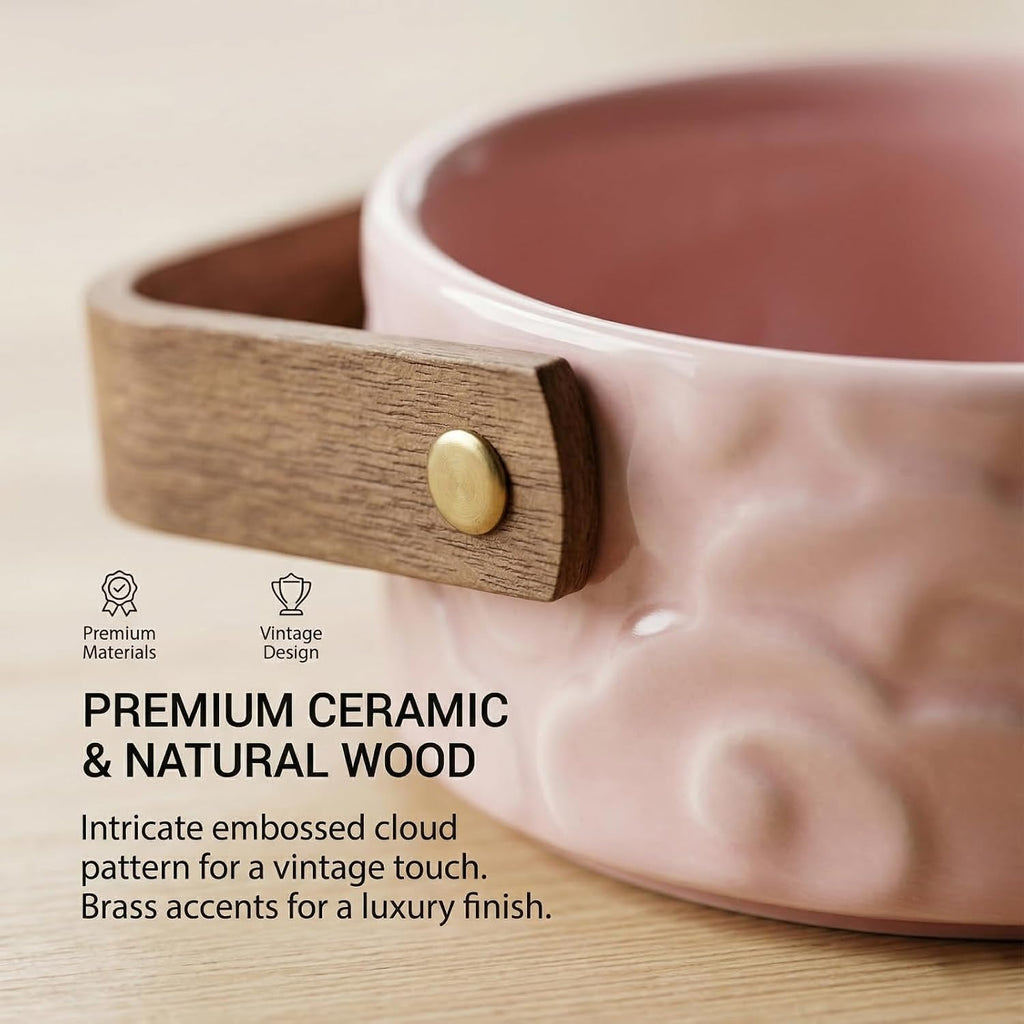 4.7 Inch Ceramic Berry Basket - Cloud Pattern Ceramic Fruit Bowl, Ceramic Snack Bowl With Wooden Handle - Pink Ceramic