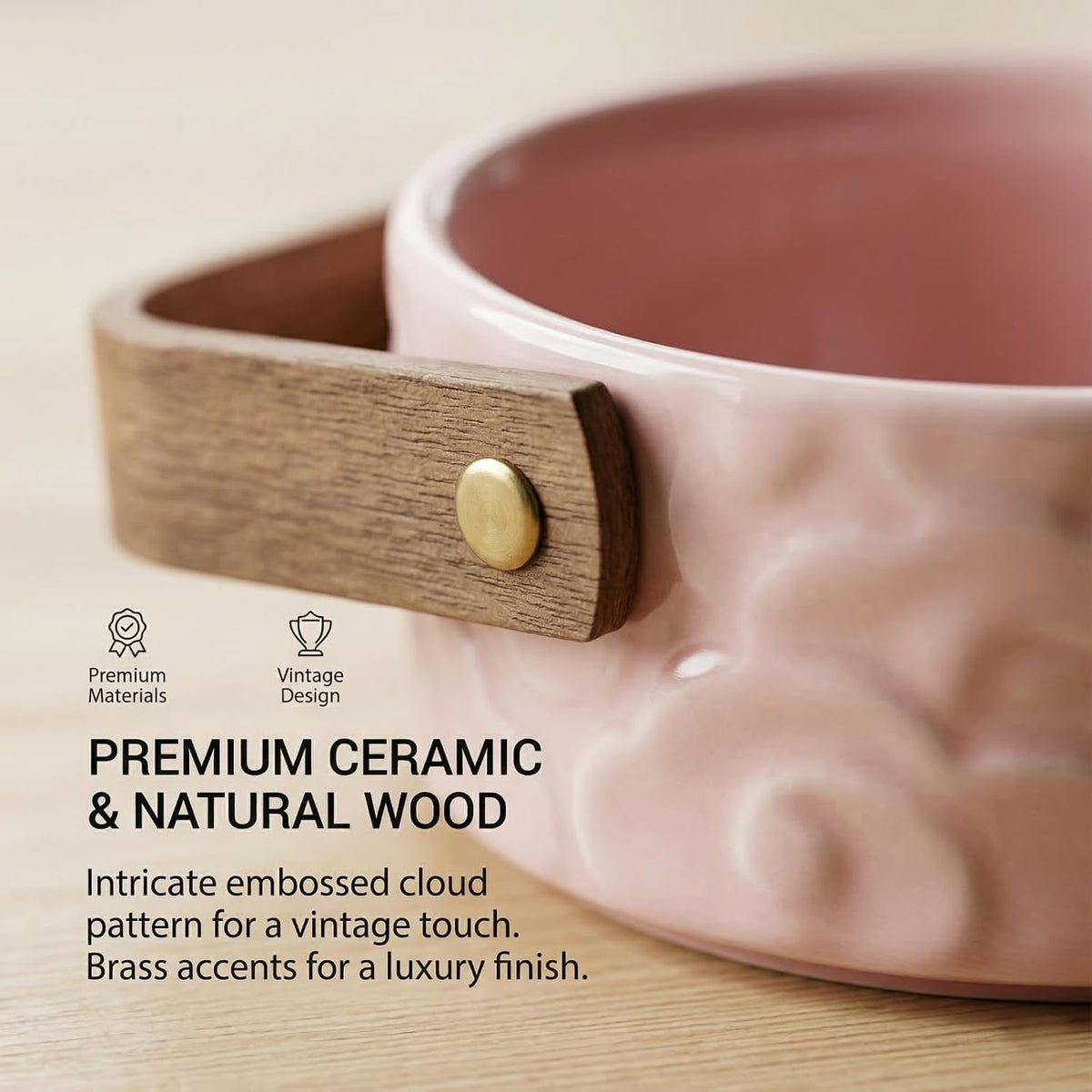 4.7 Inch Ceramic Berry Basket - Cloud Pattern Ceramic Fruit Bowl, Ceramic Snack Bowl With Wooden Handle - Pink Ceramic