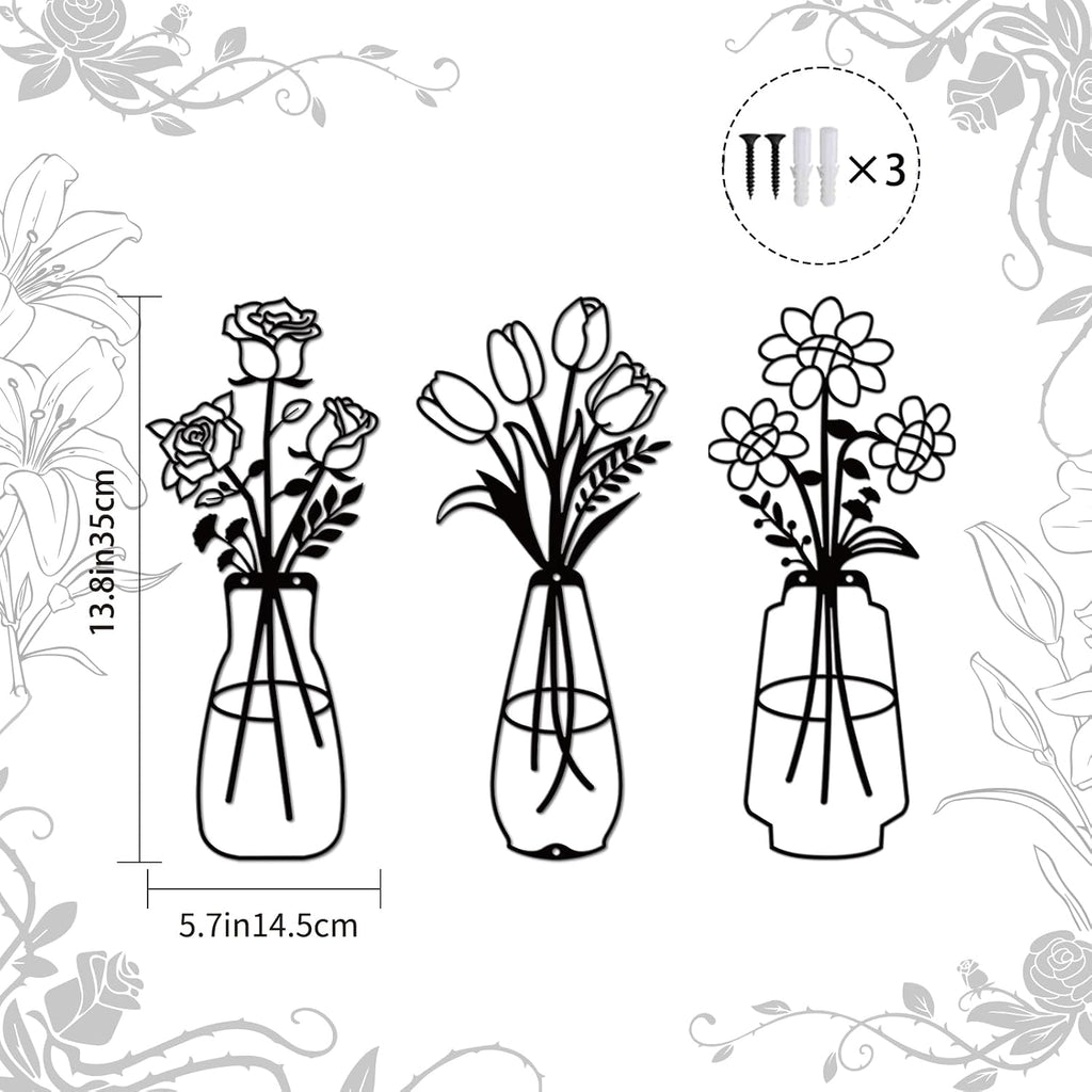 Jasscare Set of 3 Metal Flowers Wall Art, Matte Black Minimalist Line Art Floral Wall Decor, Modern Farmhouse Metal Wall Hanging for Living Room Bedroom Bathroom, Perfect Housewarming Gift for Home Decoration