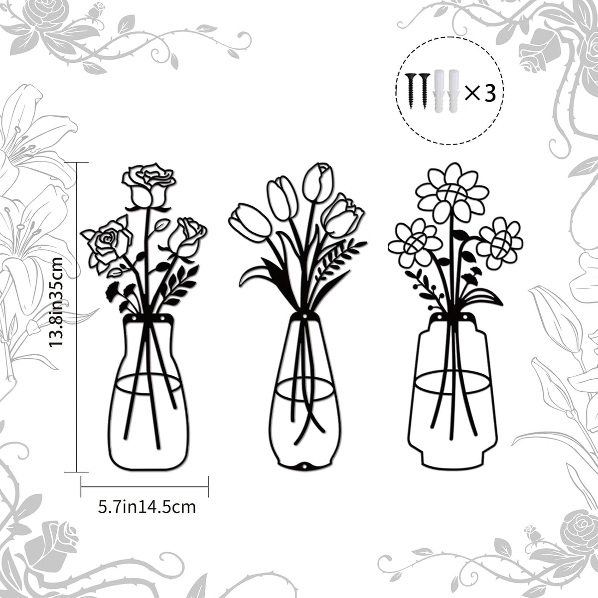 Jasscare Set of 3 Metal Flowers Wall Art, Matte Black Minimalist Line Art Floral Wall Decor, Modern Farmhouse Metal Wall Hanging for Living Room Bedroom Bathroom, Perfect Housewarming Gift for Home Decoration