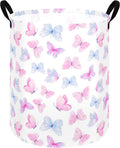 Butterfly Storage Basket for Girls and Kids, Round Collapsible Laundry Hamper with Handles, Pink Blue Butterfly Organizer Bin for Clothes, Toys Room, Nursery, Bedroom Dorm and Gifts
