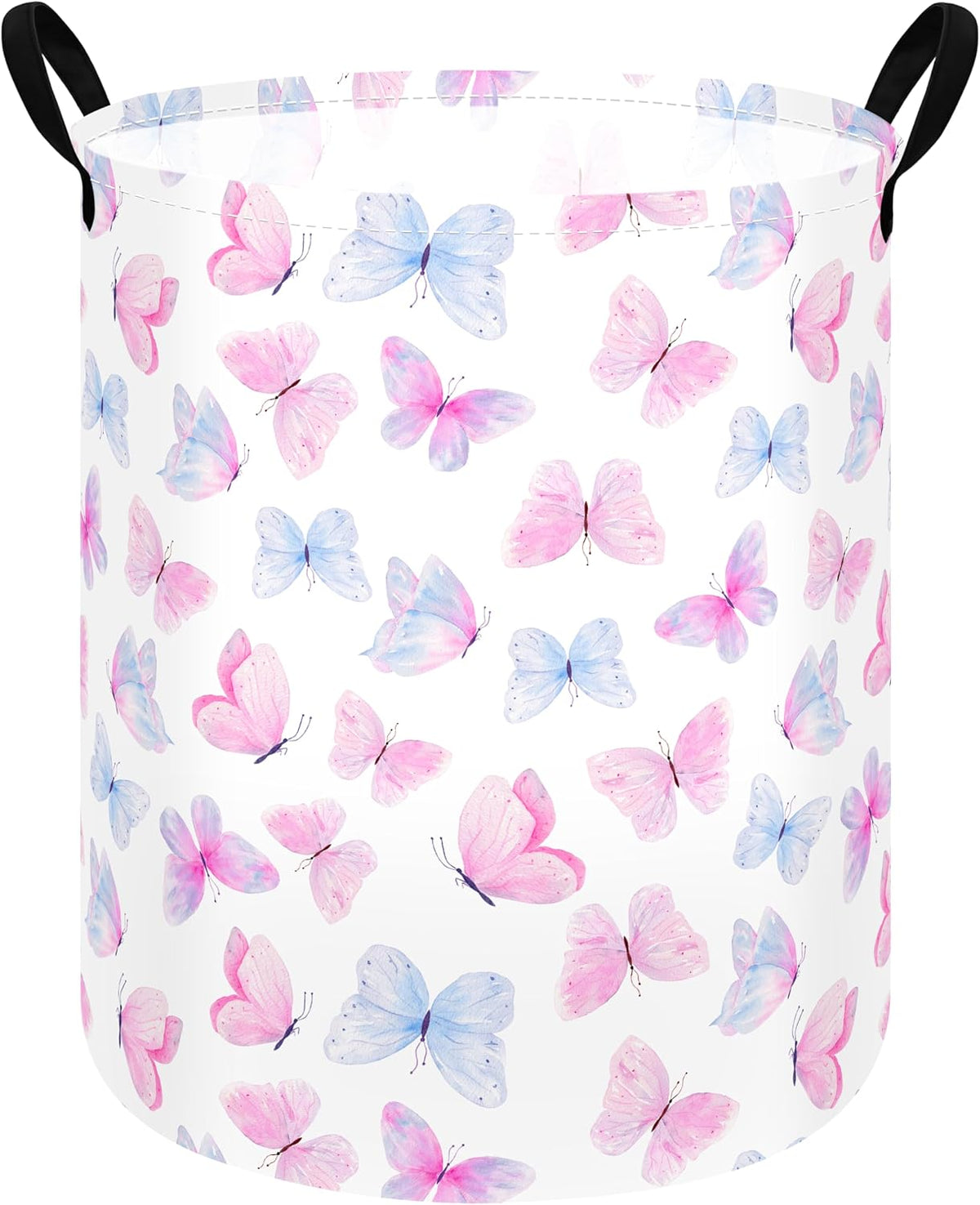 Butterfly Storage Basket for Girls and Kids, Round Collapsible Laundry Hamper with Handles, Pink Blue Butterfly Organizer Bin for Clothes, Toys Room, Nursery, Bedroom Dorm and Gifts