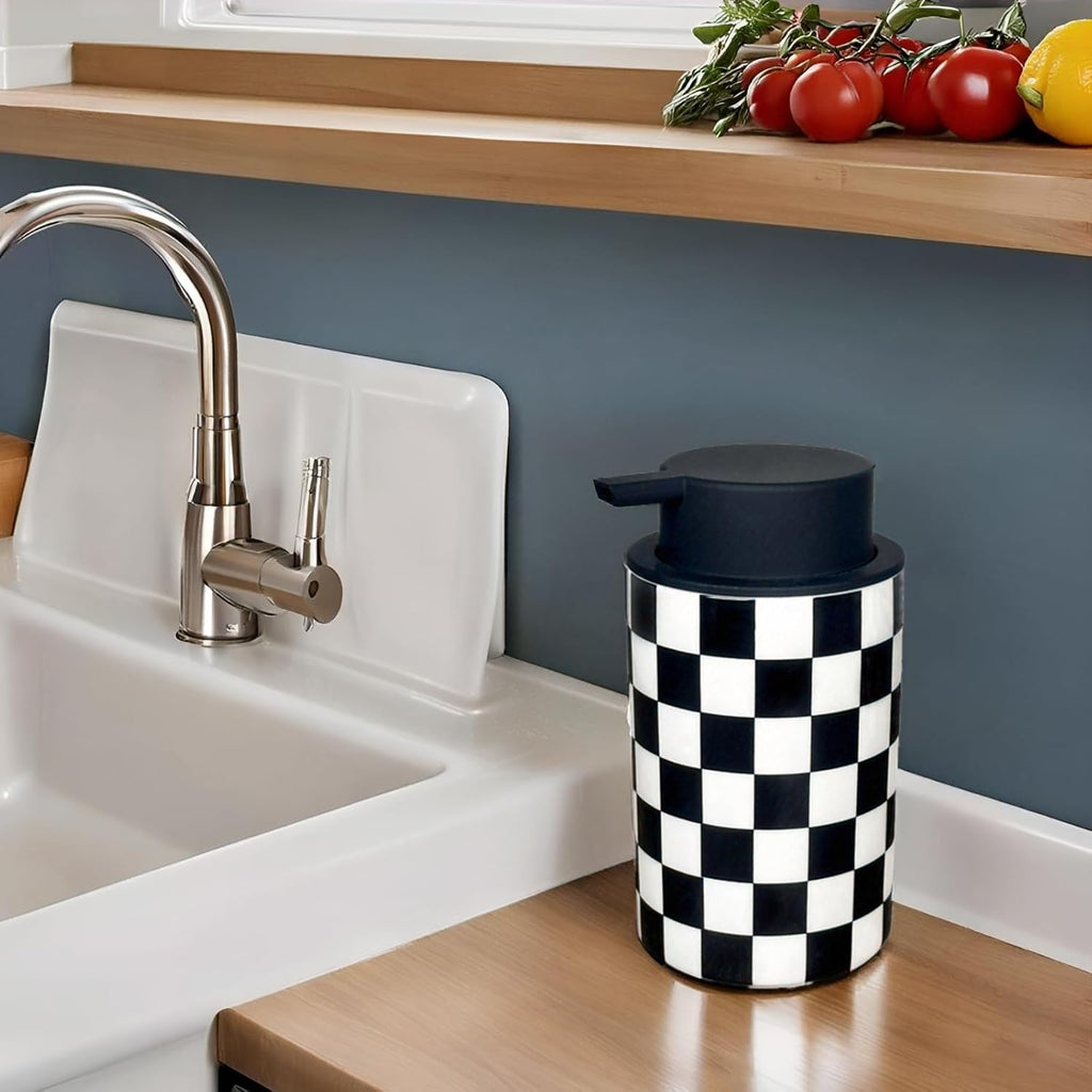 Foaming Soap Dispenser, Foam Hand Soap Dispenser for Bathroom Countertop, Modern Black and White Foamy Hand Soap Refills Bottle for Kitchen,Bathroom-Checkered Bathroom Decor