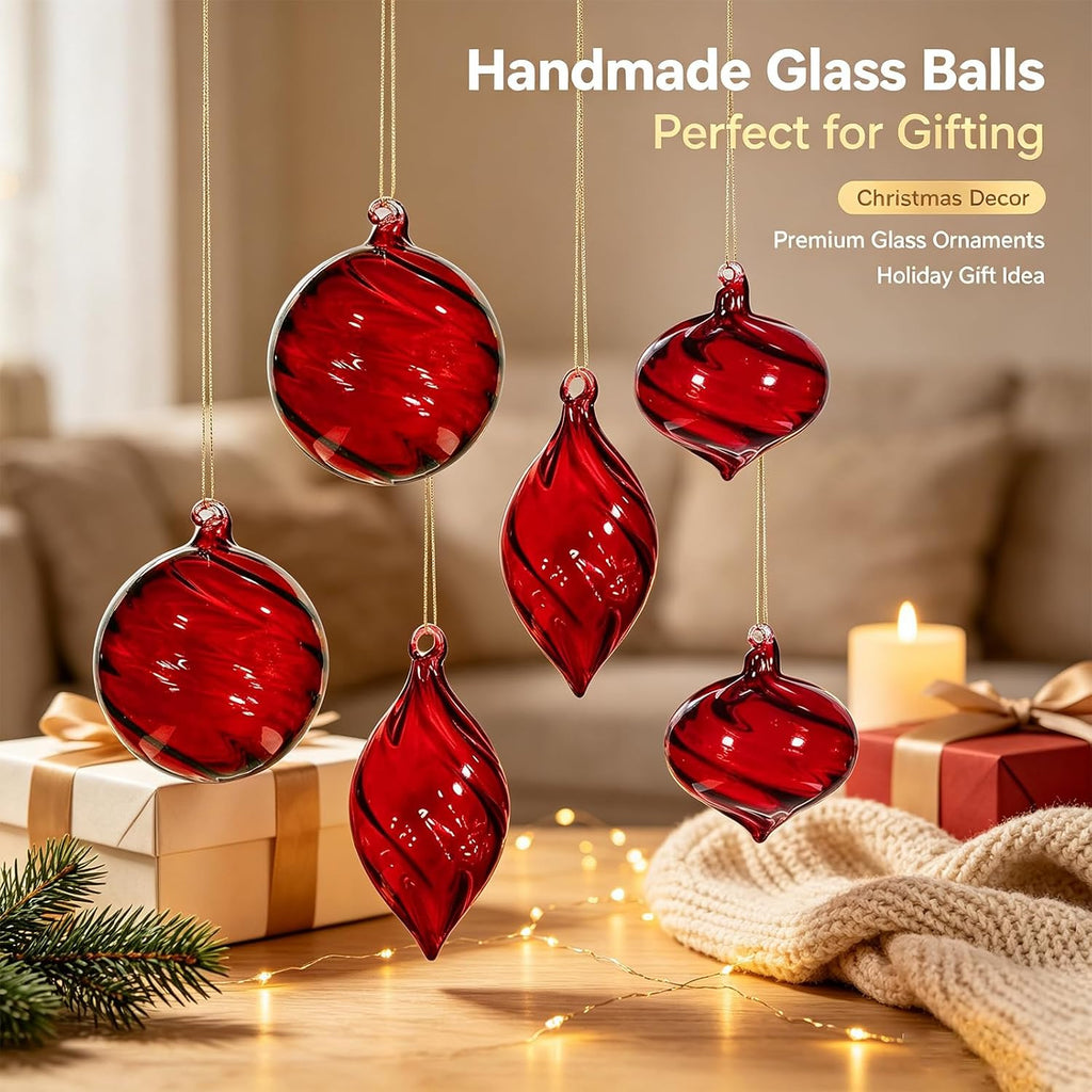 6 PCS Glass Christmas Ball Ornaments, Hand Blown Ornaments Hanging Balls,Glass Xmas Tree Home Wedding Birthday Party Holiday Decorative Set (Red)