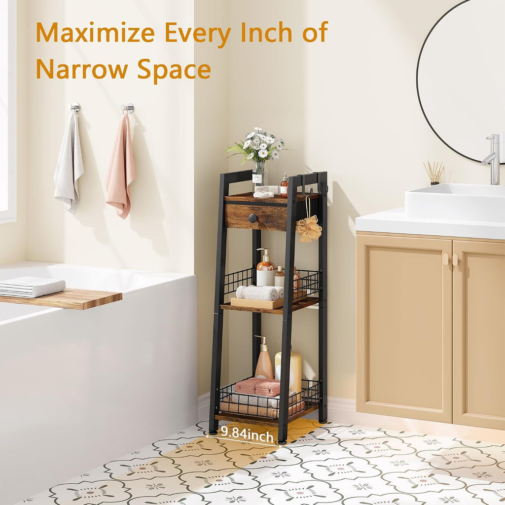 Gewudraw Narrow Bathroom Ladder Shelf with Drawer, 3-Tier, Rustic Brown