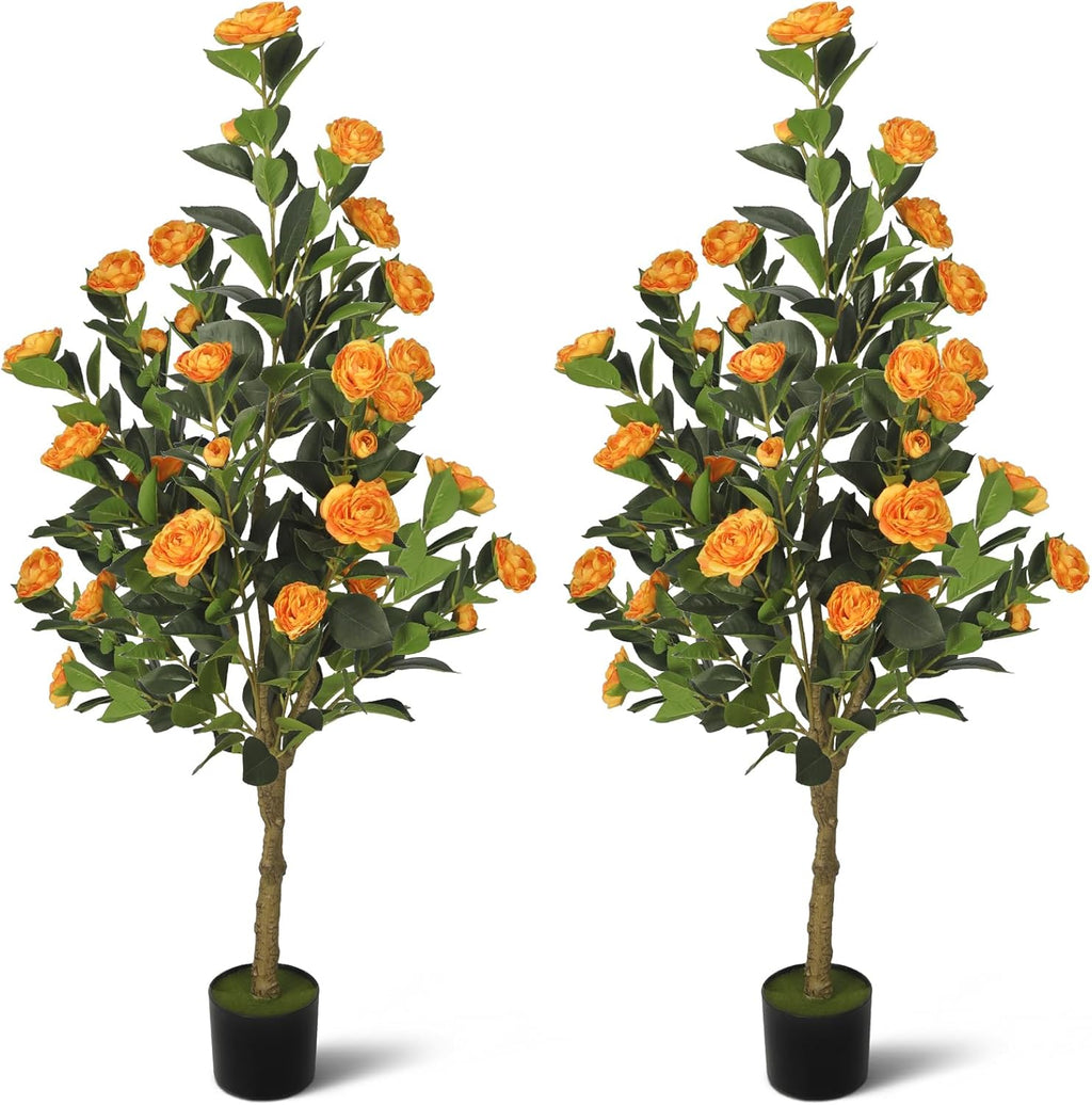 2-Pack 4FT Artificial Camellia Tree,Realistic Fake Potted Plants with Flowers&Planters,Indoor/Outdoor Faux Flowering Trees for Home,Office,Porch,Wedding,and Housewarming Gift Decor,Orange