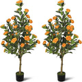 2-Pack 4FT Artificial Camellia Tree,Realistic Fake Potted Plants with Flowers&Planters,Indoor/Outdoor Faux Flowering Trees for Home,Office,Porch,Wedding,and Housewarming Gift Decor,Orange