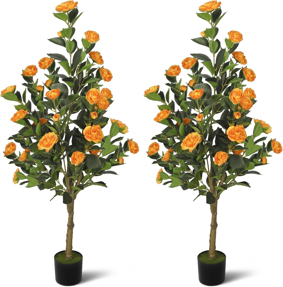 2-Pack 4FT Artificial Camellia Tree,Realistic Fake Potted Plants with Flowers&Planters,Indoor/Outdoor Faux Flowering Trees for Home,Office,Porch,Wedding,and Housewarming Gift Decor,Orange