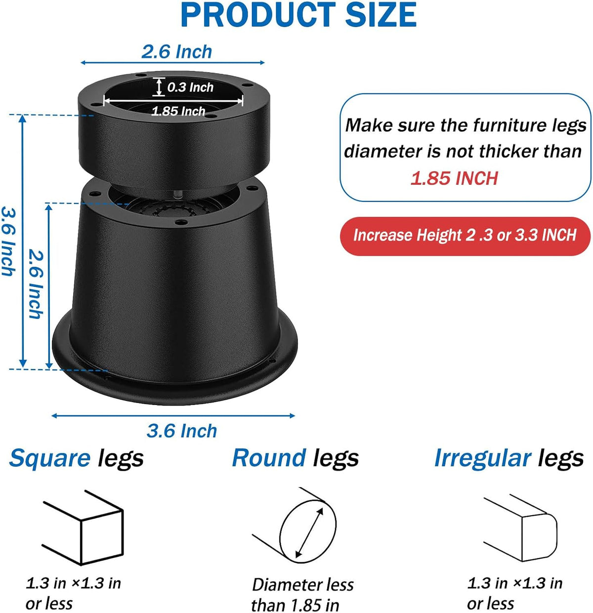 ANNKUT Round Bed Risers - 3 inch Heavy Duty, Elevation in Heights 2 or 3 Inch Circle Furniture Lifts for Chair, Table & Desk Legs (Pack of 8, Black)