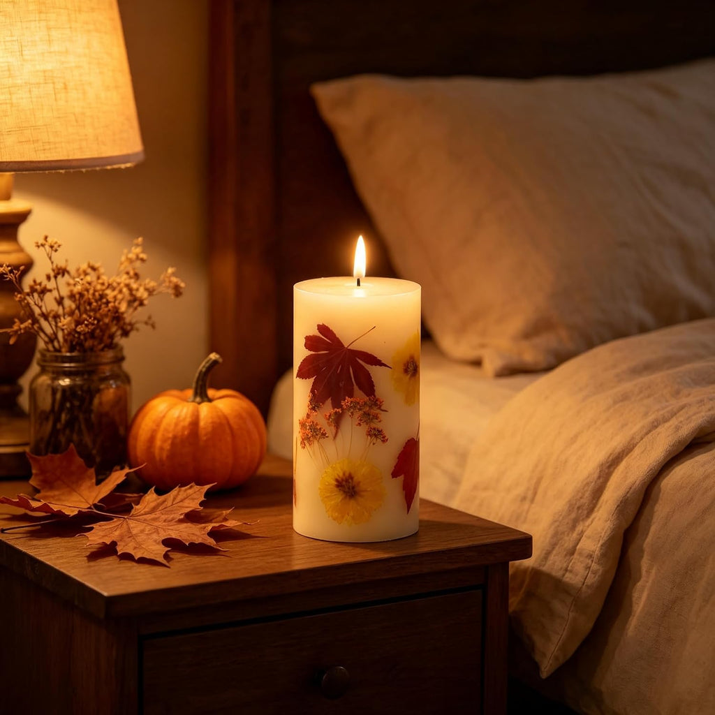 Fall Flameless Pillar Candles, Battery Operated with Remote & Timer, Real Wax Embedded Maple Leaf & Marigold, Straight Edge Unscented Led Candles for Halloween Thanksgiving Harvest Home Decor