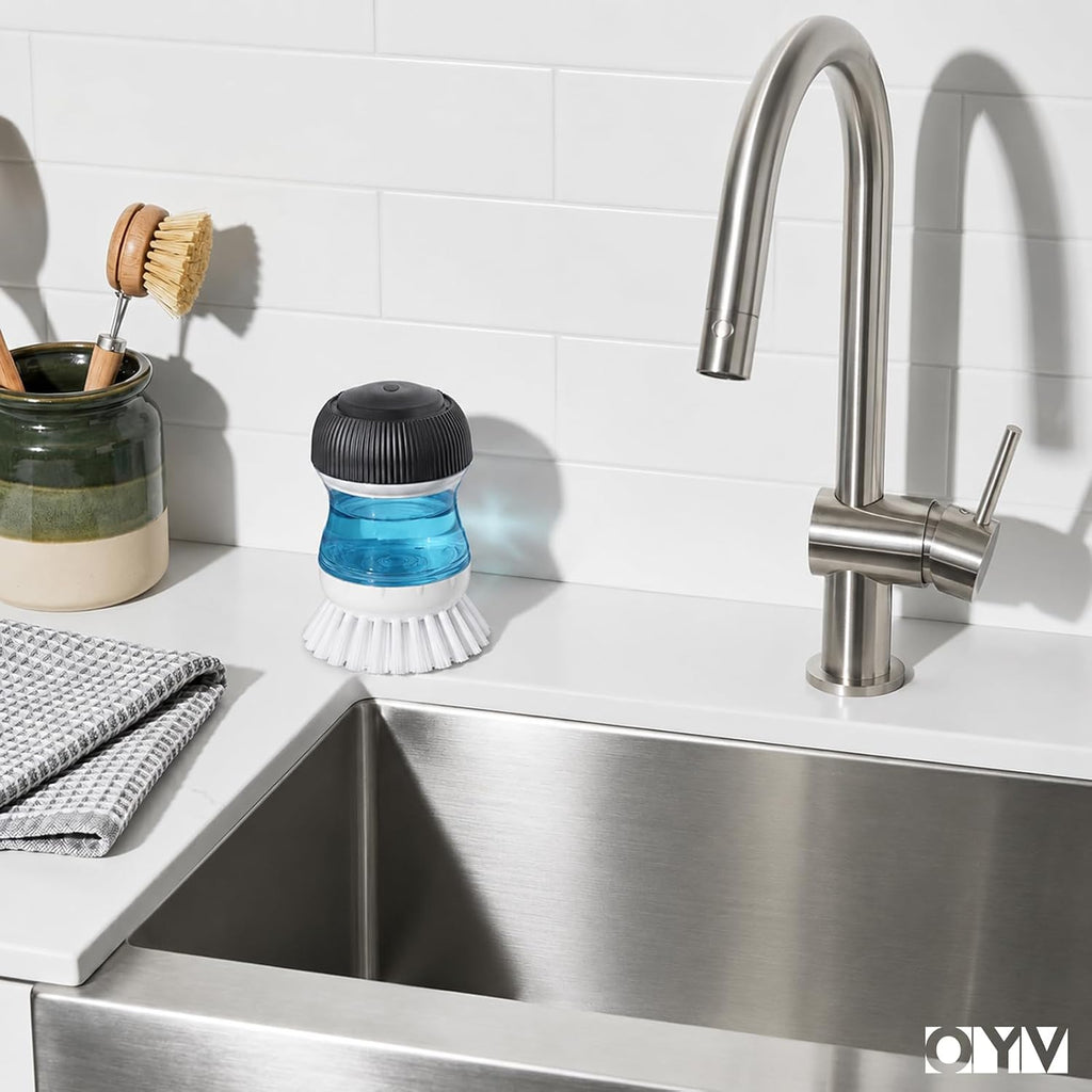 OYV Soap Dispensing Palm Brush, 1-Pack Dish Scrub Brush, Black/Clear/White
