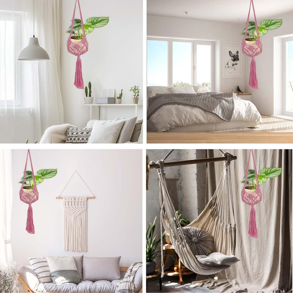 Pink Macrame Plant Hanger 2 Pack 35 Inch Cotton Rope Crochet