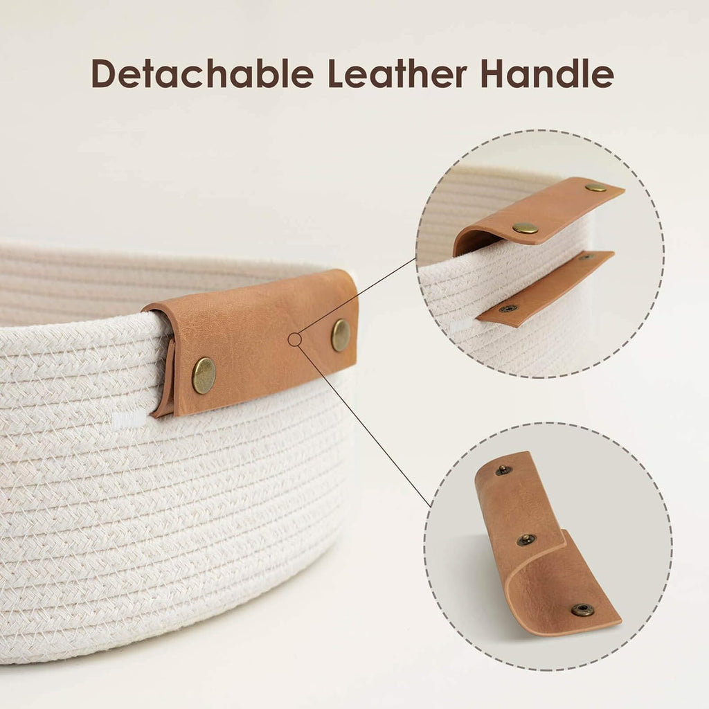 CHICVITA 3 Pack Woven Rope Gift Basket with Leather Handles, White