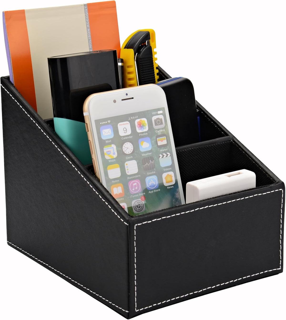 I-MART PU Leather Remote Control Holder Organizer with 3 Compartments, Stylish TV Remote Holder Caddy for Desk Nightstand Coffee Table and Media Accessory Storage (Black)