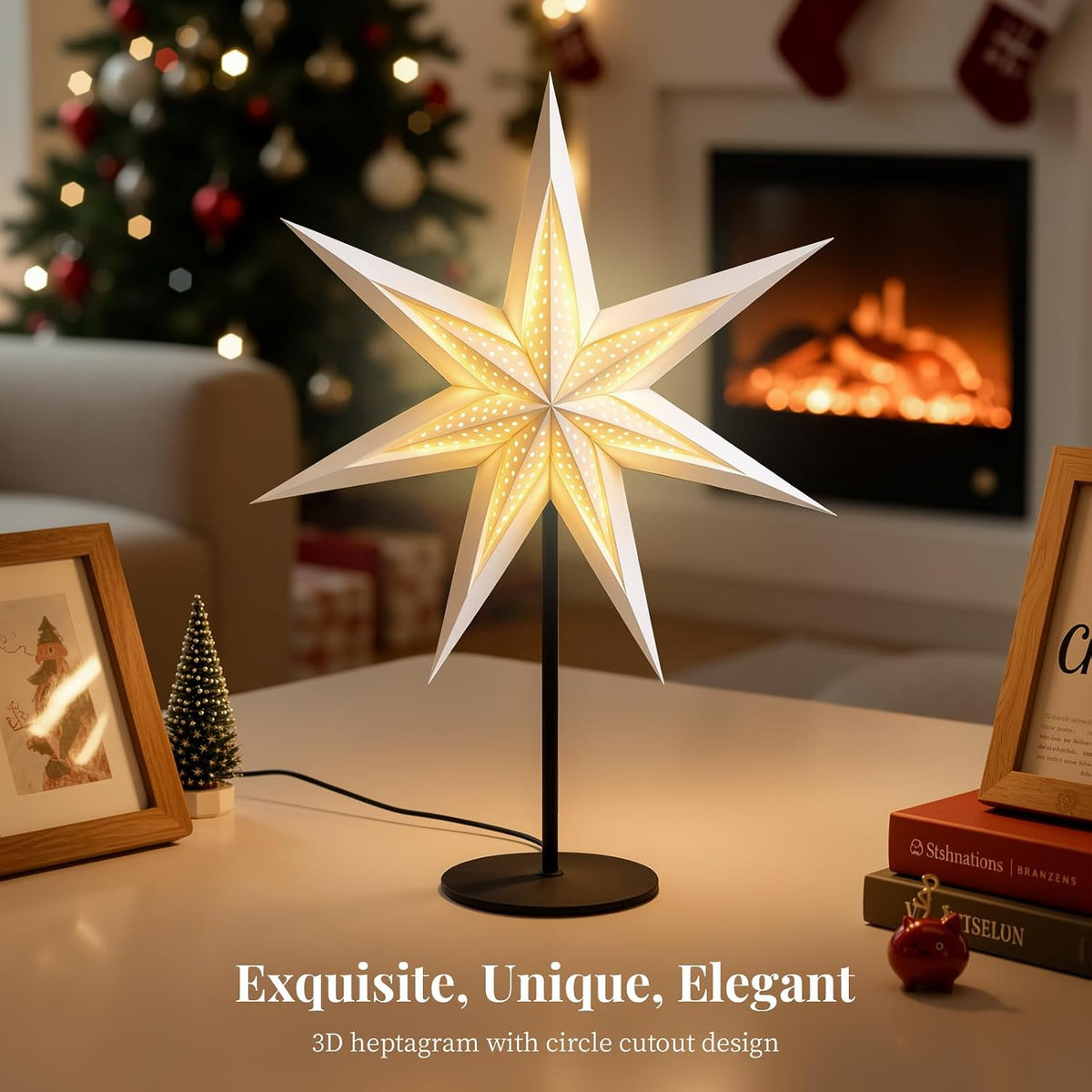 Lewondr 3D Christmas Paper Star Table Lamp, 17.72" 7-pointed Xmas Star