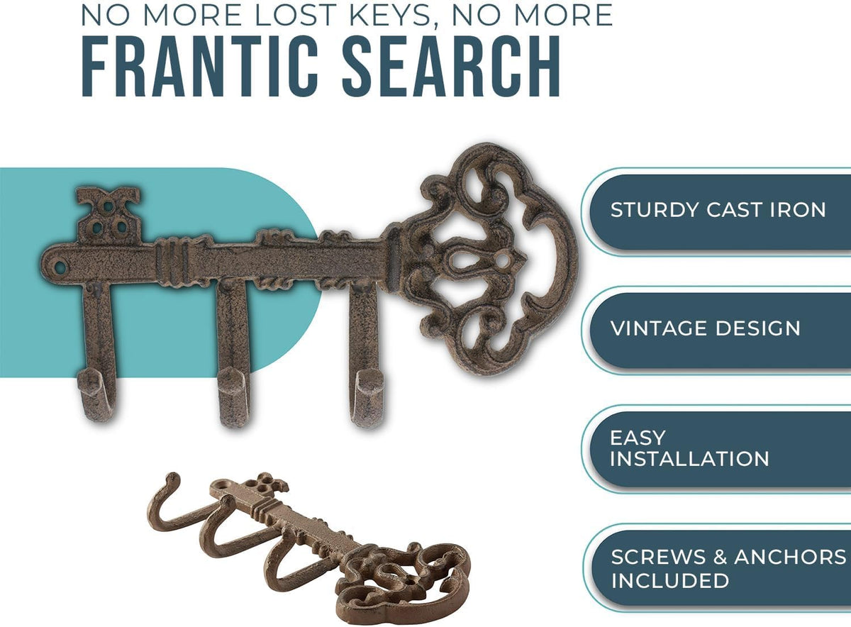 Comfify Rust Brown Cast Iron Skeleton Key Wall Hook – 3 Hooks, 7.67" L
