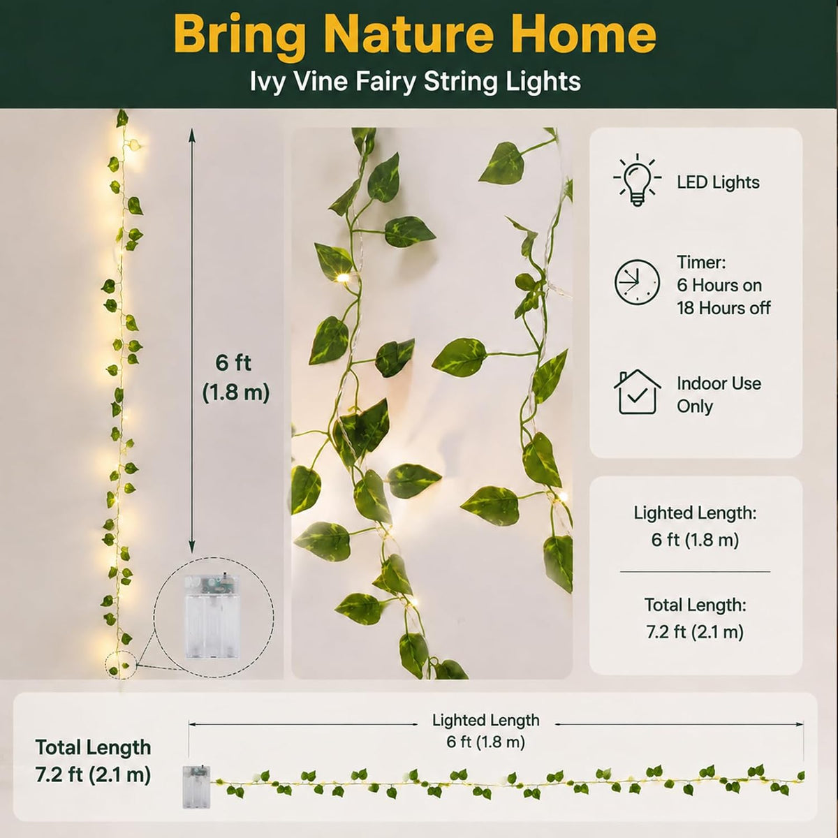 Vigdur 2 Pack 6FT Vine Lights Battery Operated 40 LED Hanging Ivy Lights