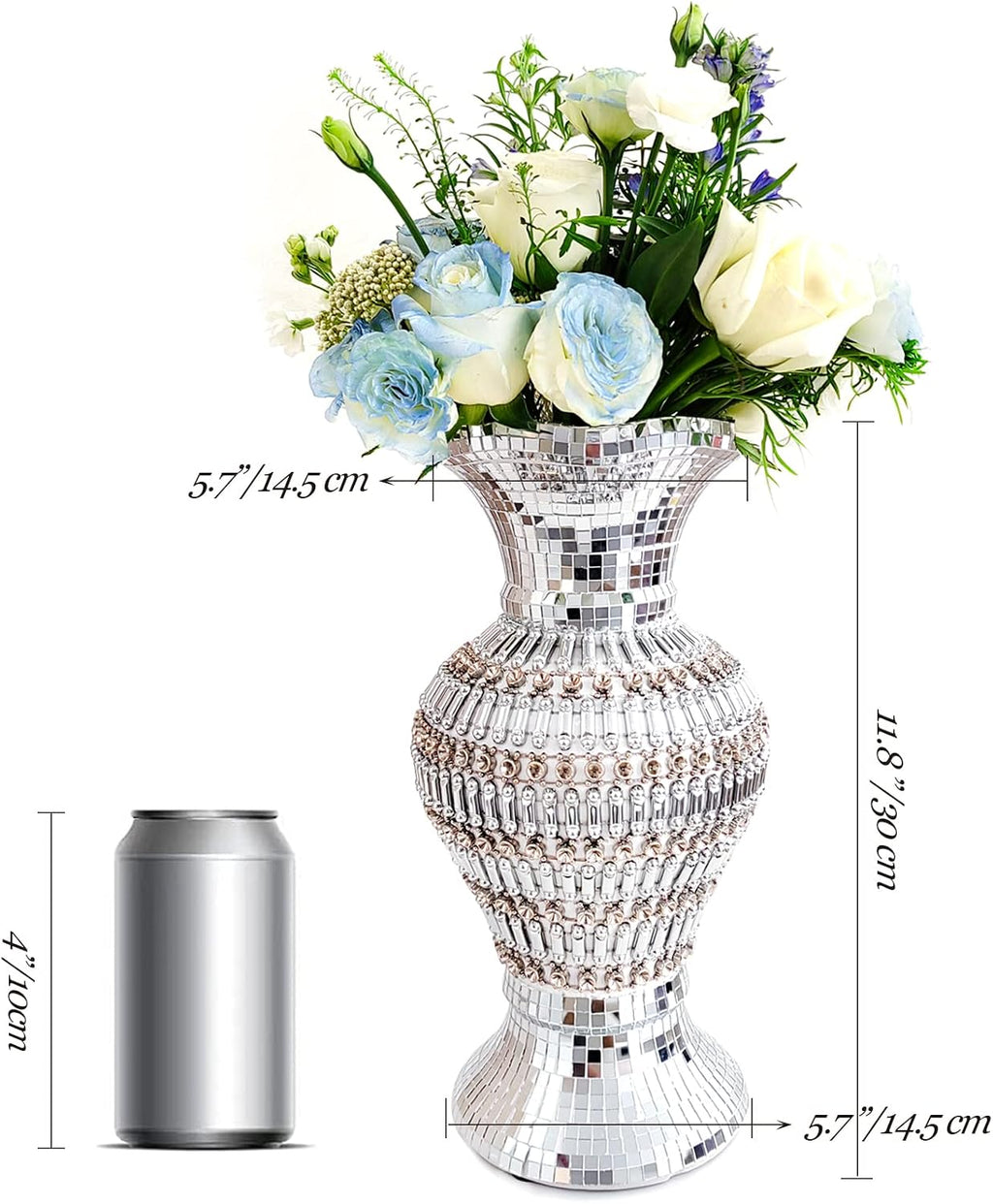 Silver Ceramic Flower Vase with Rhinestones, 12-Inch Home Decor