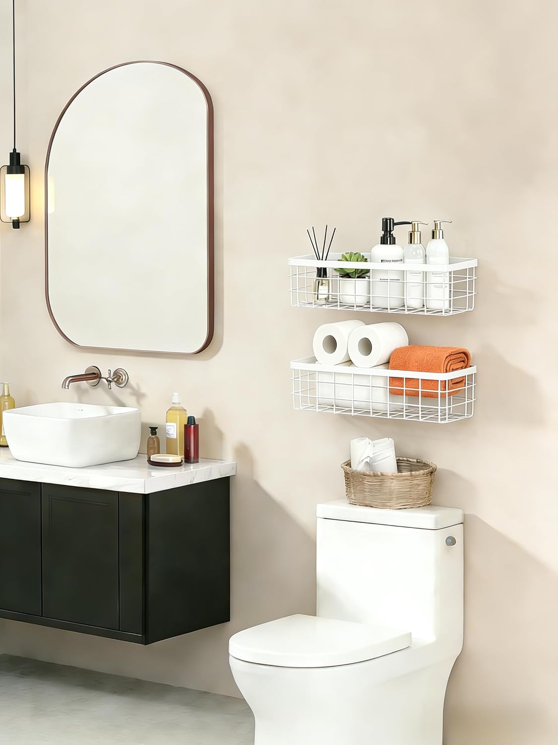2 PCS Adhesive Wire Wall Baskets, Hanging Small Storage Organizer, White