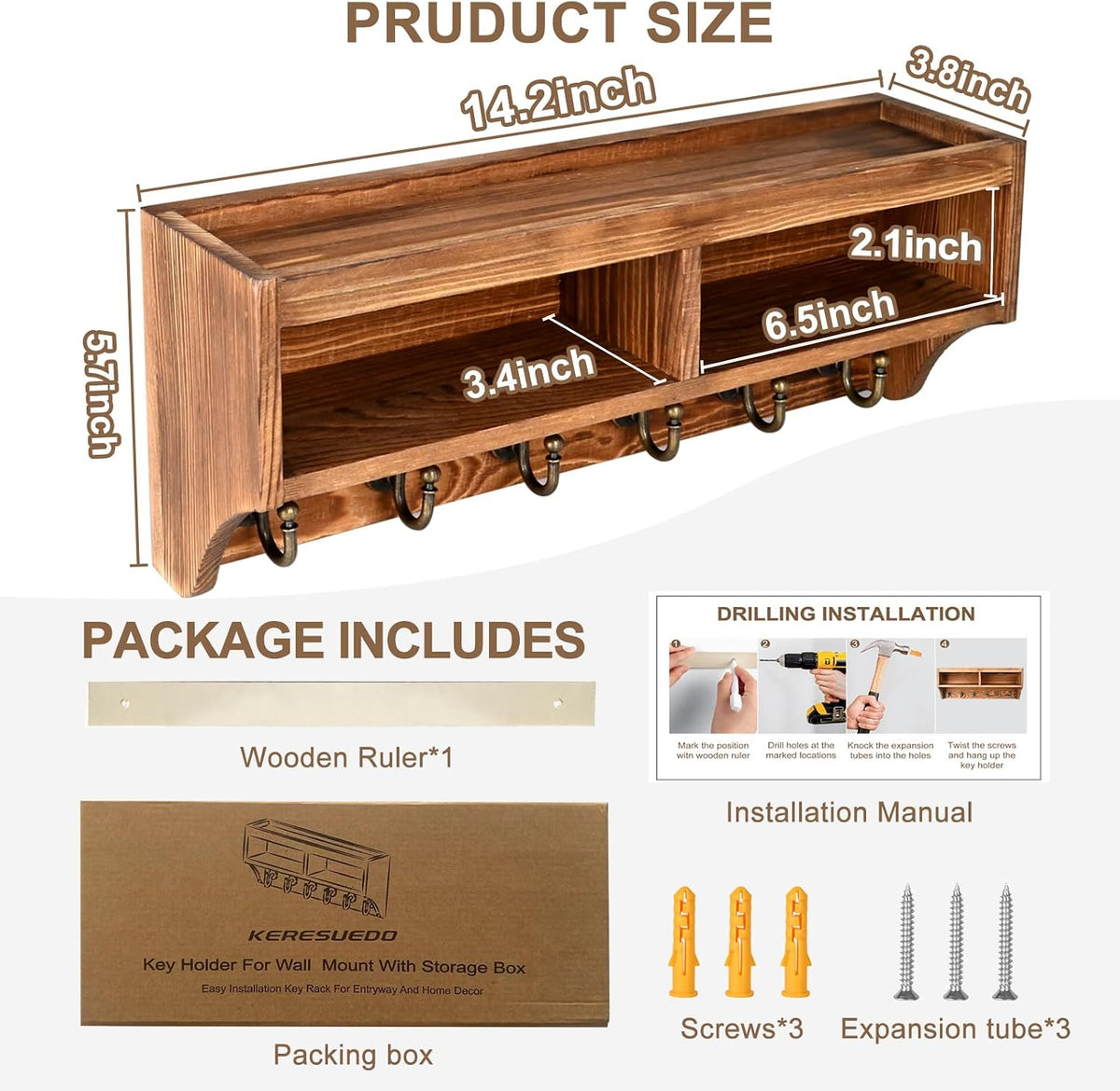Key Holder Wall Mount with Mail Organizer, 6 Hooks & Shelf, Brown