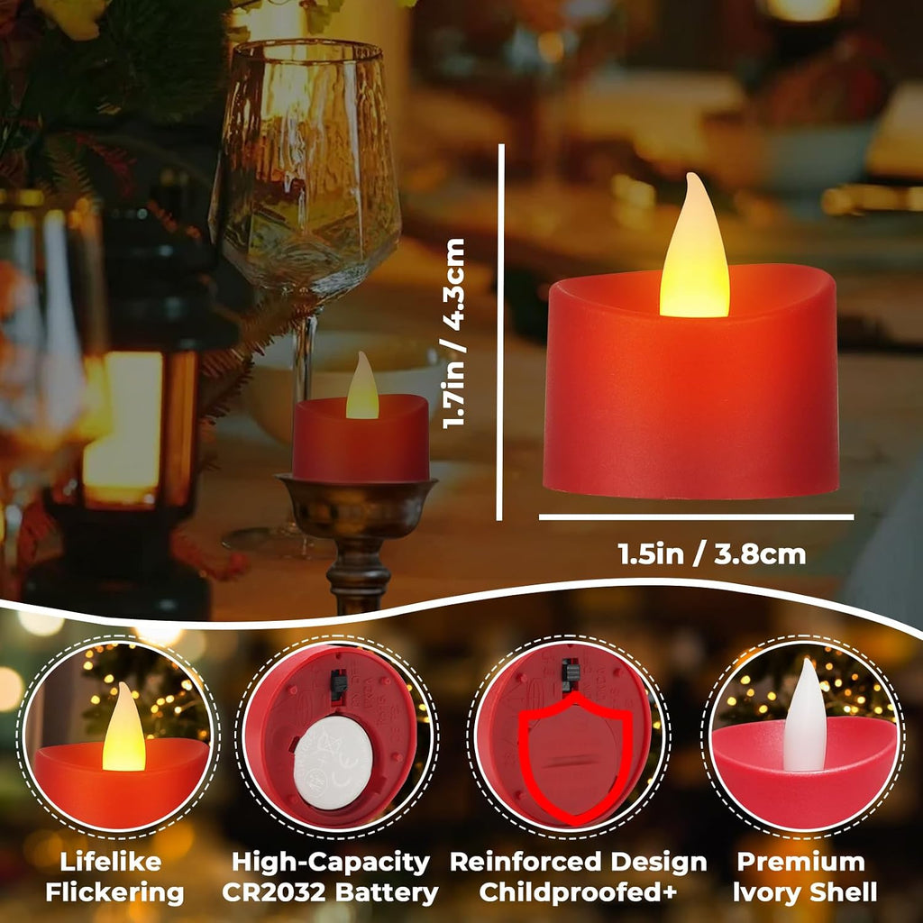 Realistic Flameless LED Tea Lights - Battery-Powered Dancing Flame Candles for Weddings, Halloween, Votives | Safe Child-Resistant, Flickering Ambiance Decor (Red Base, 100 Pack)
