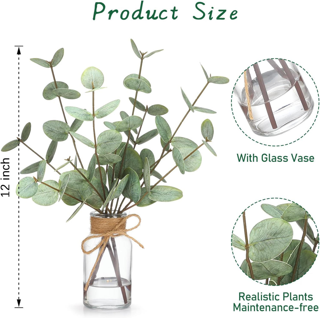 FAVOWREATH 4 Pcs Artificial Eucalyptus Stems with Glass Vase Fake Plants