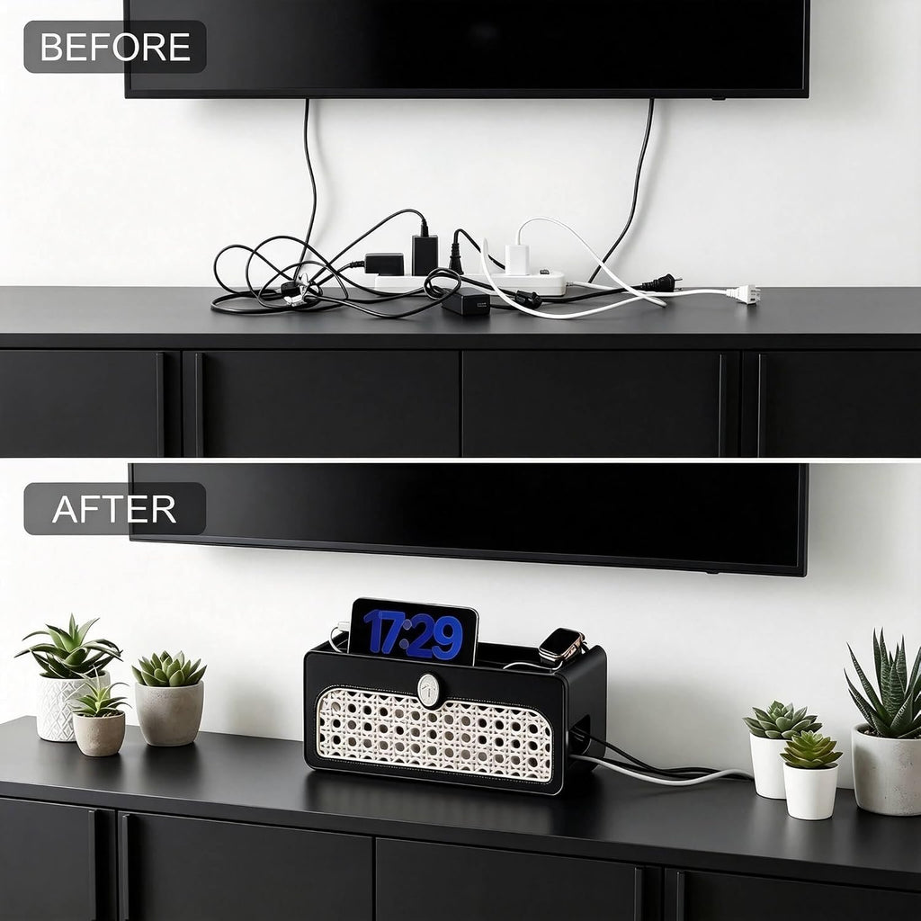 Faux Rattan Cable Management Box, Decorative Power Strip Cover