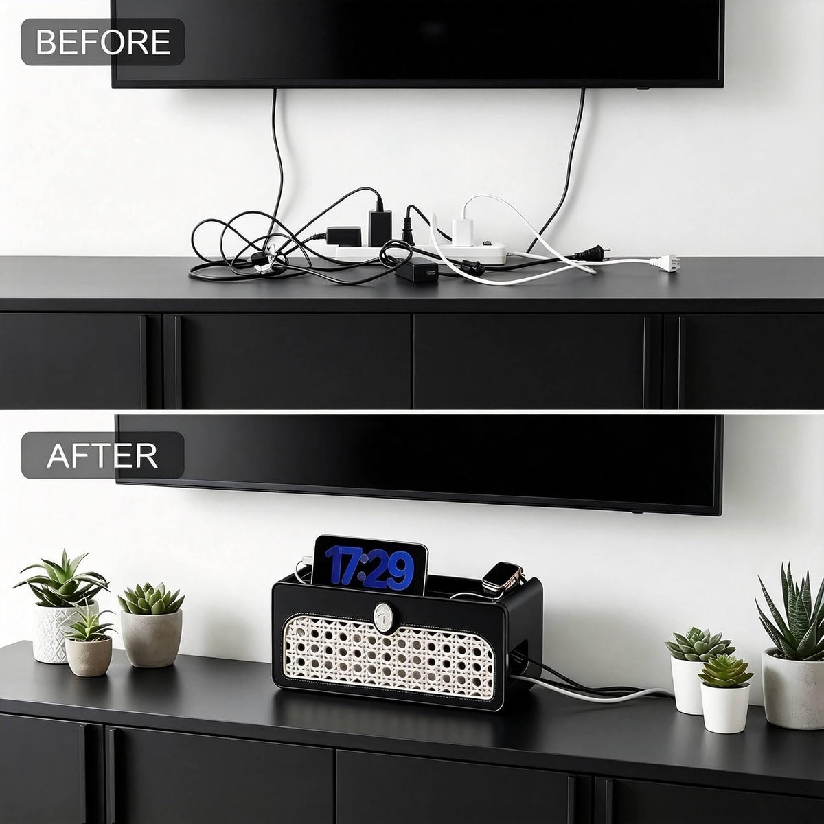 Faux Rattan Cable Management Box, Decorative Power Strip Cover
