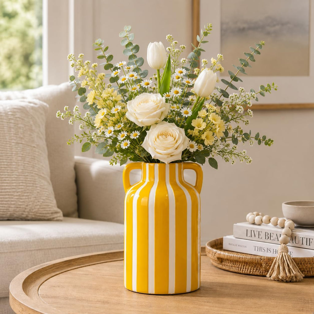 SURE YUESI Yellow Ceramic Vase with Handles, Modern Farmhouse Striped Decorative Vase, 9.1" Art Deco Tall Flower Vases for Pampas Grass, Shelf Decor, Dining Table Centerpiece, Living Room Home Decor