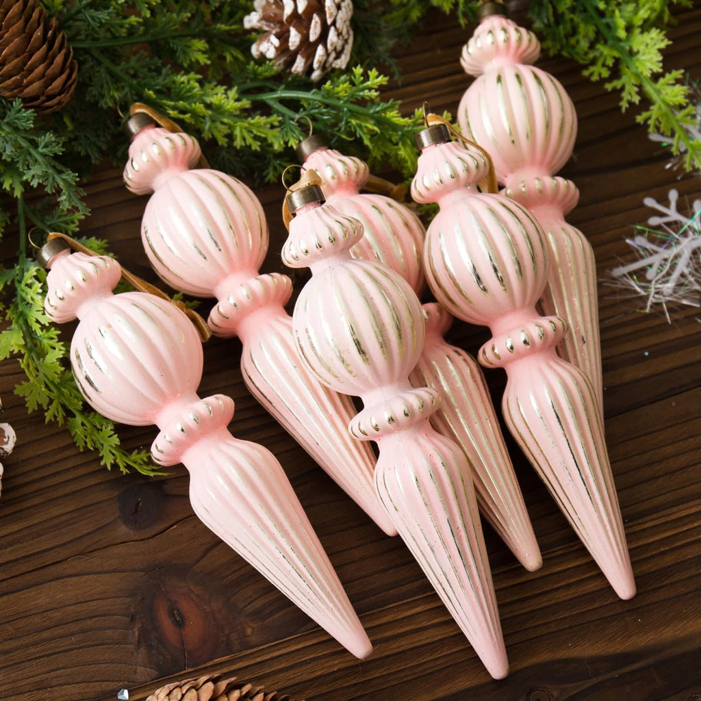 Pink Vintage Finial Christmas Ornaments, 6Pcs Neutral Shatterproof Xmas Tree Ornaments