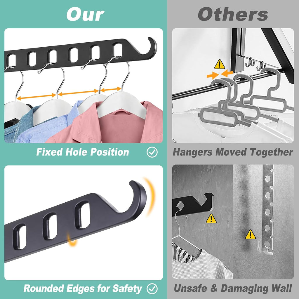 Laundry Drying Rack - Wall Mounted Clothes Hanger with Swing Arm, 6-Hole Laundry Hanger & Swivel Hanging Bar, Foldable Valet Hook, Laundry Room Closet, Sturdy Aluminum (2-Pack, Black)