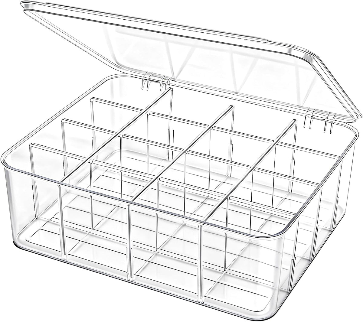 Adjustable Sock Underwear Drawer Organizer Dividers, 16 Grid Clear Tea Bag Holder with Lid, Removable Divided Tie Organizer Box, Plastic Storage Bin for Scarves Bras