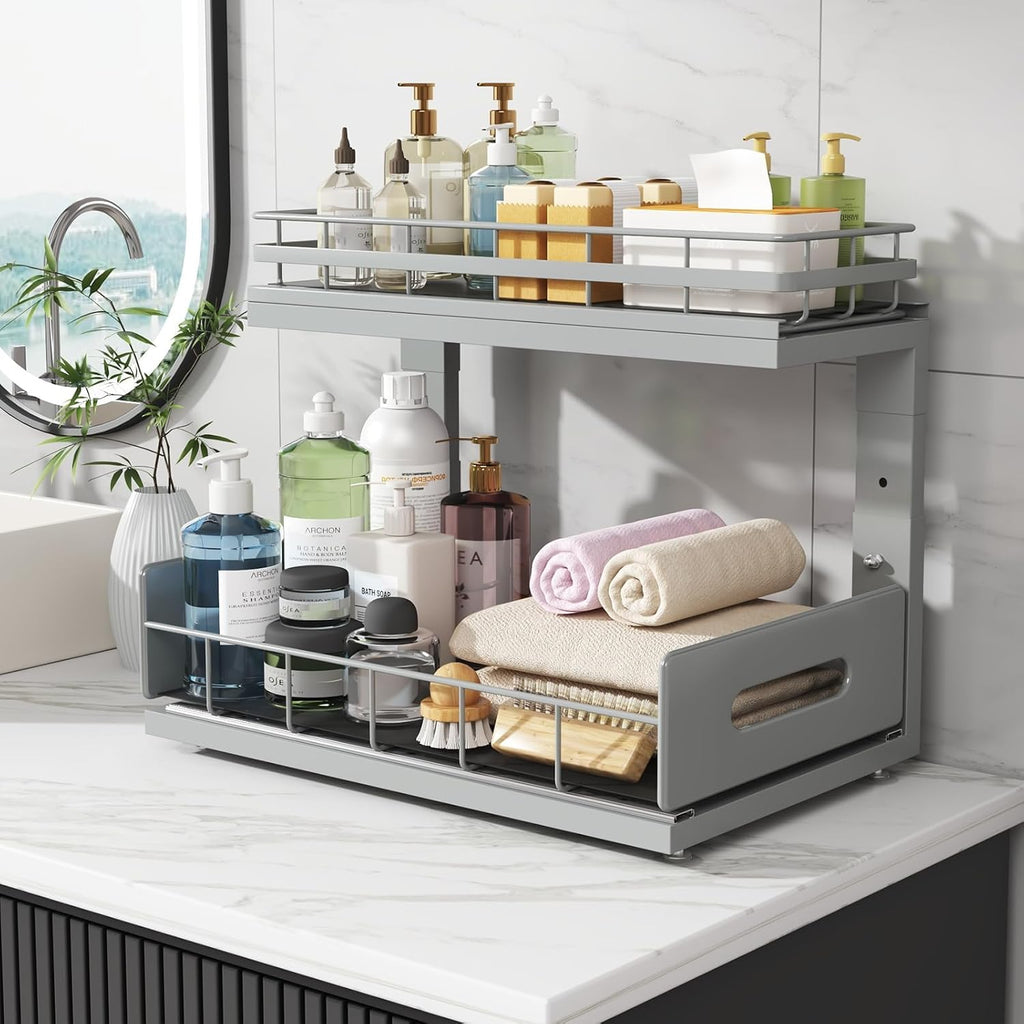 Under Sink Organizer Upgrade To Professional Rails,2-Tier Dual Pull Out Cabinet Storage,Height Adjustable Slide Out Drawers For Bathroom Kitchen,2 Pack-14.5"Dx12.8"-16.9"H,Gun Gray