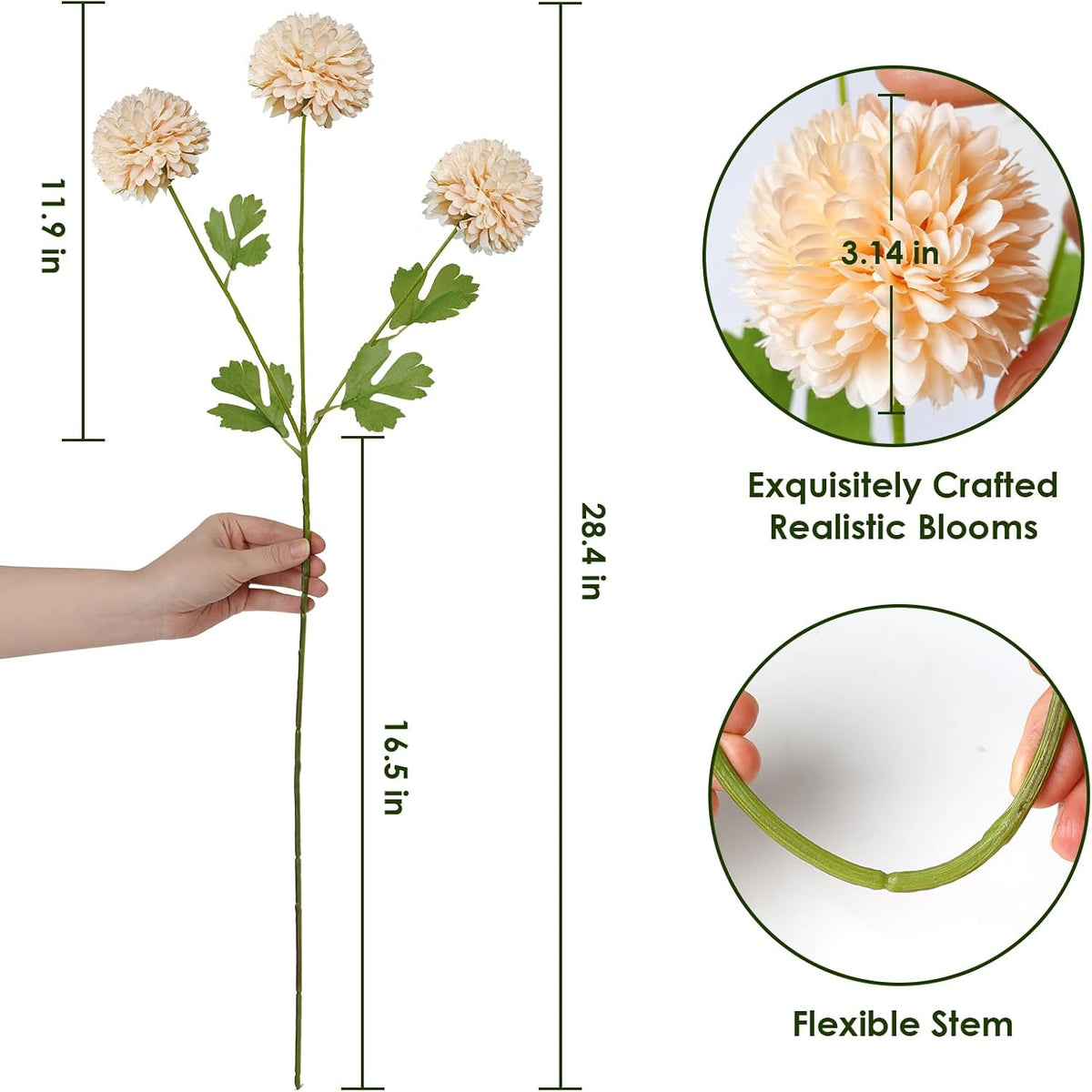 Artificial Flowers Faux Mums, Real Looking Flores Artificiales para Decoration, Faux Flowers Silk Chrysanthemum -28.34'', 12 Flowers for Decoration Indoor, Table Centerpieces(4, Champagne)