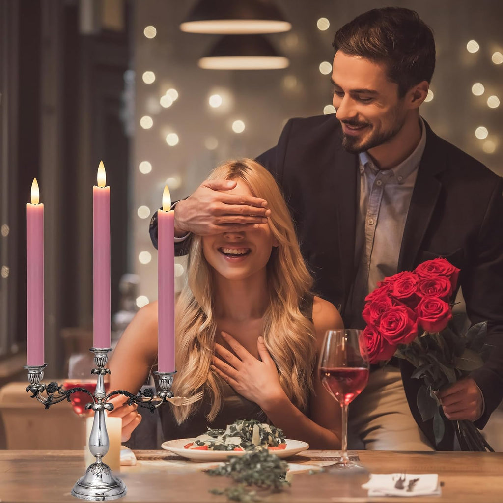 Pink Flameless Taper Candles with Remote, Real Wax Battery Operated LED Candles with 3D Flickering Flame, 9.6" Realistic Dripless Candlesticks for Valentine's Day Decor, Proposal Wedding, 3 Pack