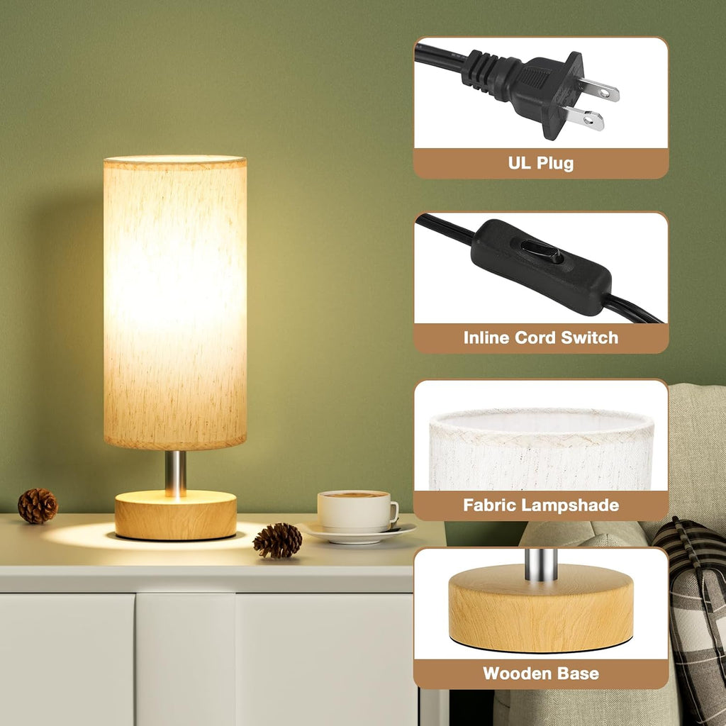 Table Lamps Set of 2 （Cream Shade - Wood Base, 11.6" Inline Control）