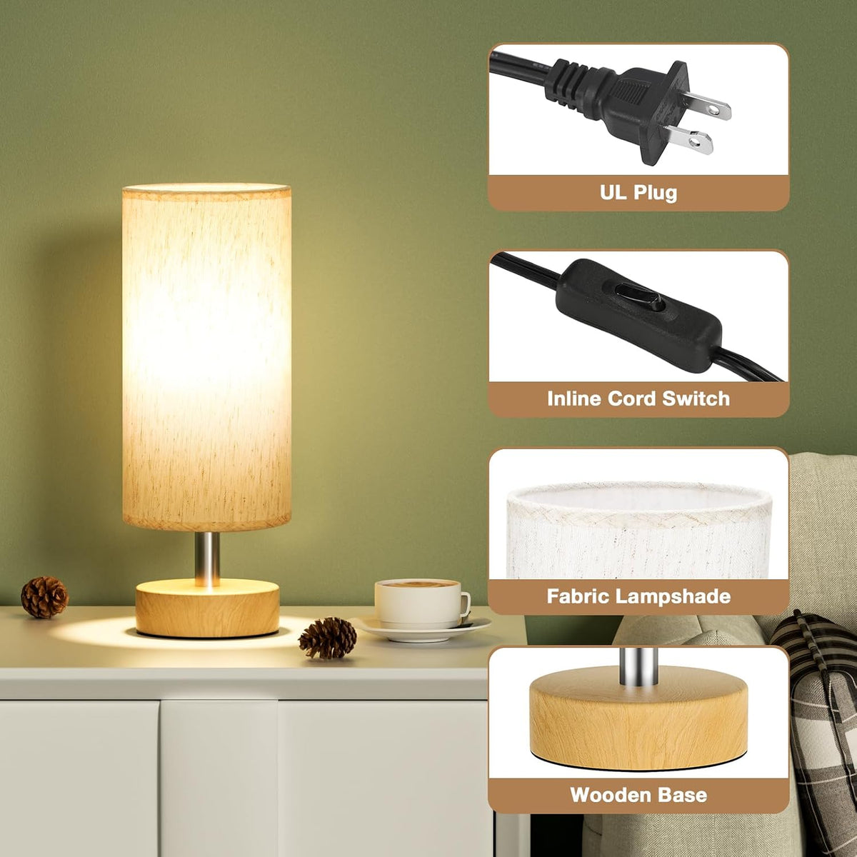 Table Lamps Set of 2 （Cream Shade - Wood Base, 11.6" Inline Control）