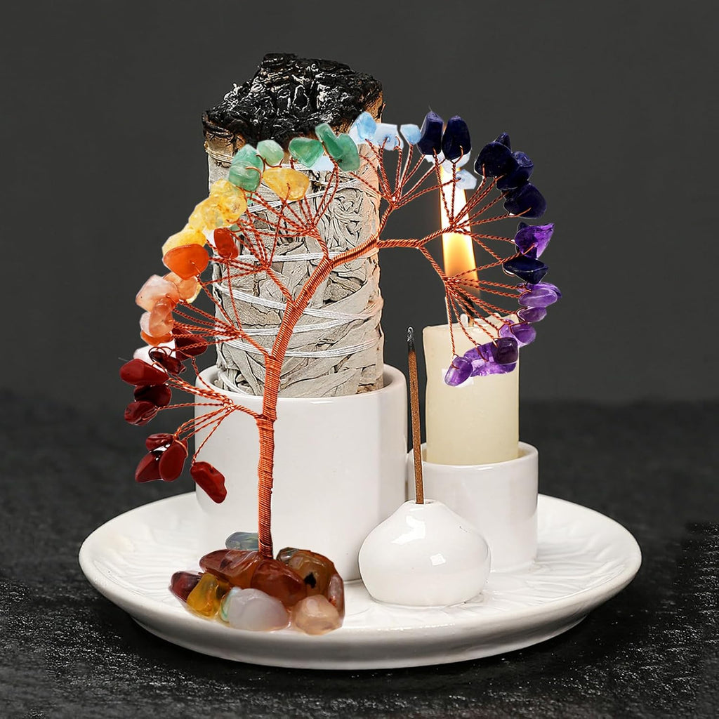 5 in 1 Incense Burner Holder with Crystal Healing Tree, Palo Santo Holder, Sage Holder, Incense Holder for Sticks/Cones/Candles, Ceramic Tray Ash Catcher for Burning Incense, Meditation Gift (White)