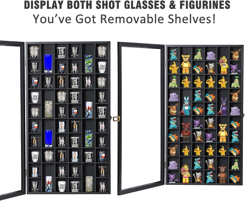 Shot Glass Storage Display Case Large 52-Slot Wooden Cabinet Rack Holder